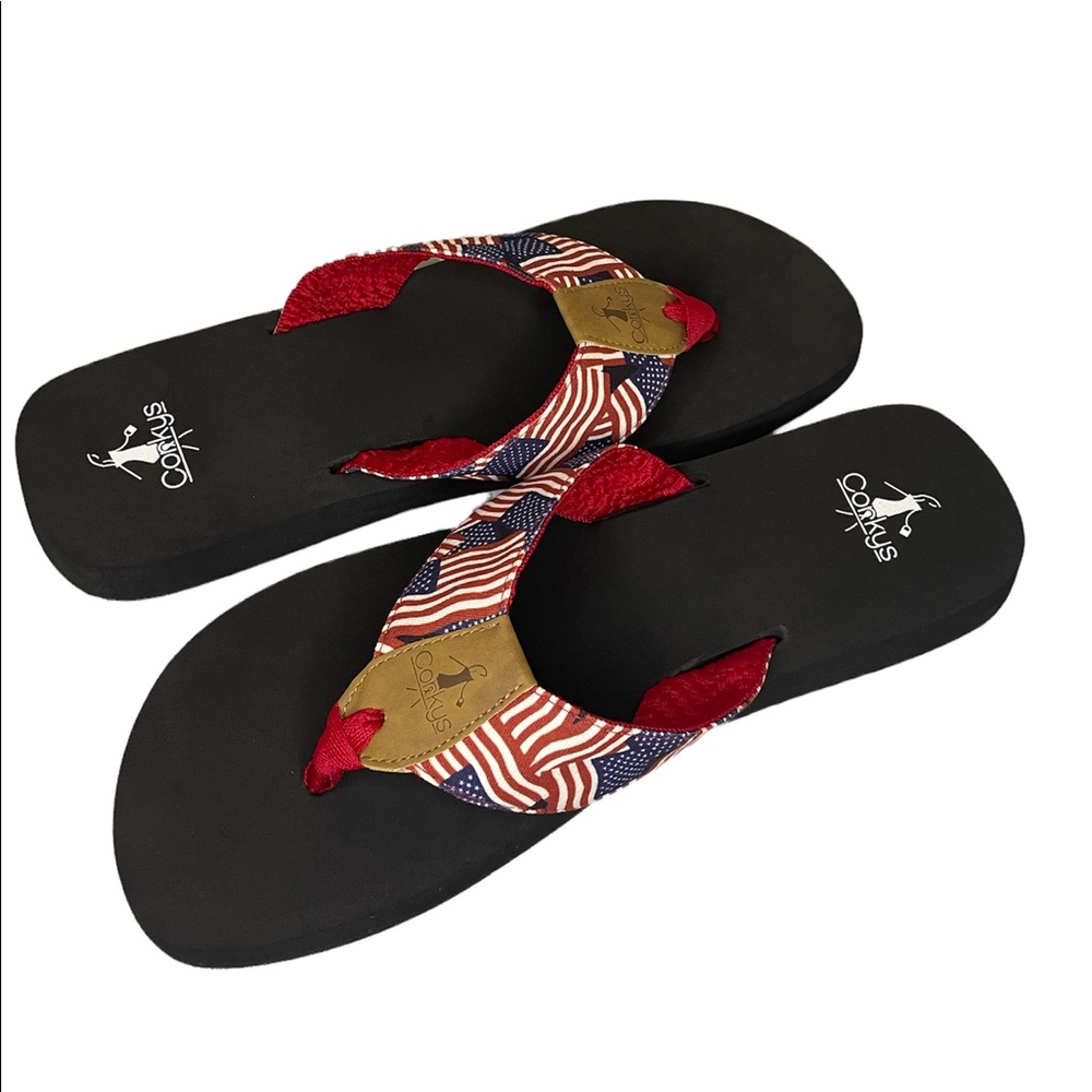 Corkys Aquaholic American Flag Flip Flops